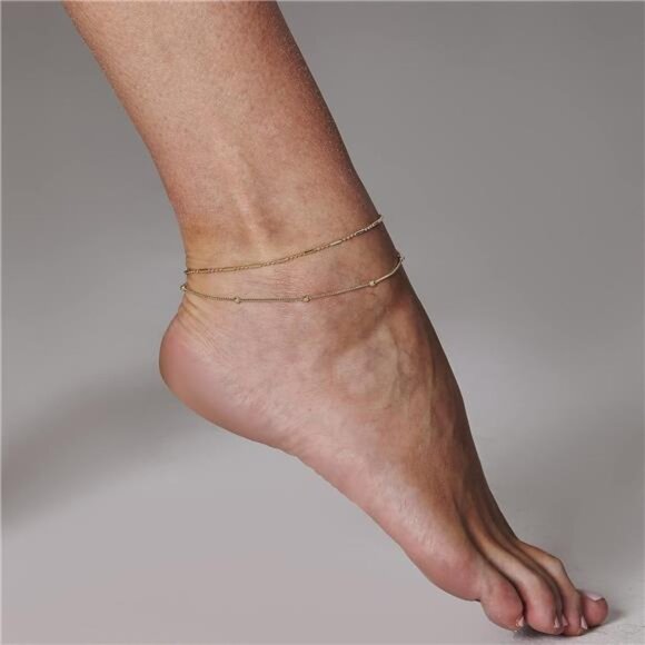 Dainty Layered Anklet,14K Gold Filled CuteBeads Satellite Chain Heart BohoAnklet - Picture 4 of 8